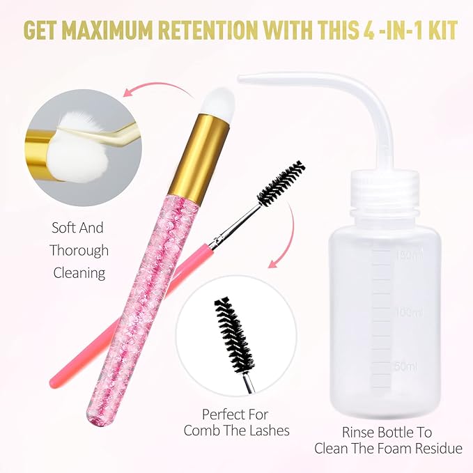 EMEDA Lash Shampoo for Lash Extensions 60ml / 2 fl.oz Eyelash Extension Cleanser Oil Free Foam Soap Lash Bath for Cluster Lashes Wash Oil Dustcare, Gentle Lash Cleaning Kit with Rinse Bottle Brush