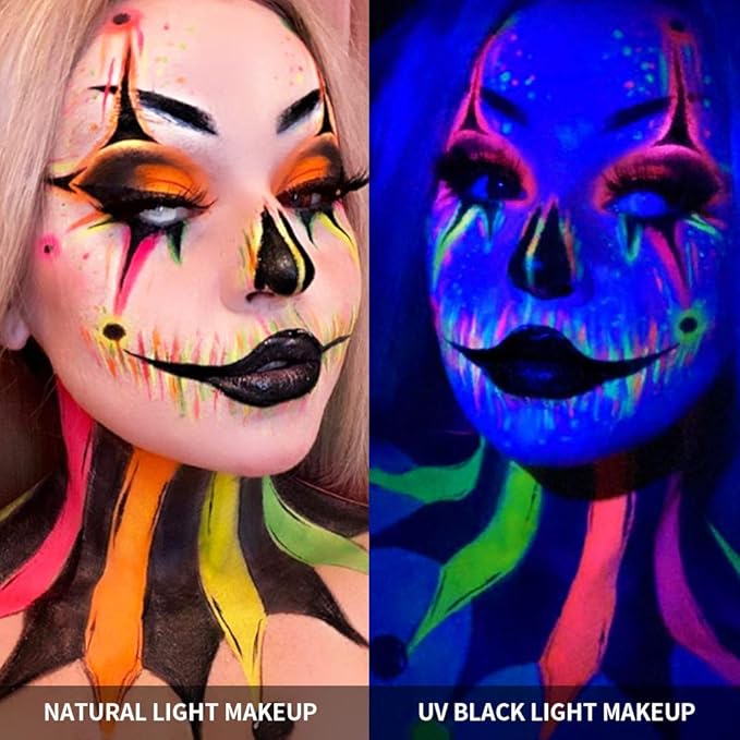 DE'LANCI Neon Eyeshadow Palette 24 Color + Lipstick Pallet 25 Color UV Blacklight Matte and Glitter Shade, Colorful Makeup Set for Christmas Halloween Cosplay Face Body Eyes Makeup Ket