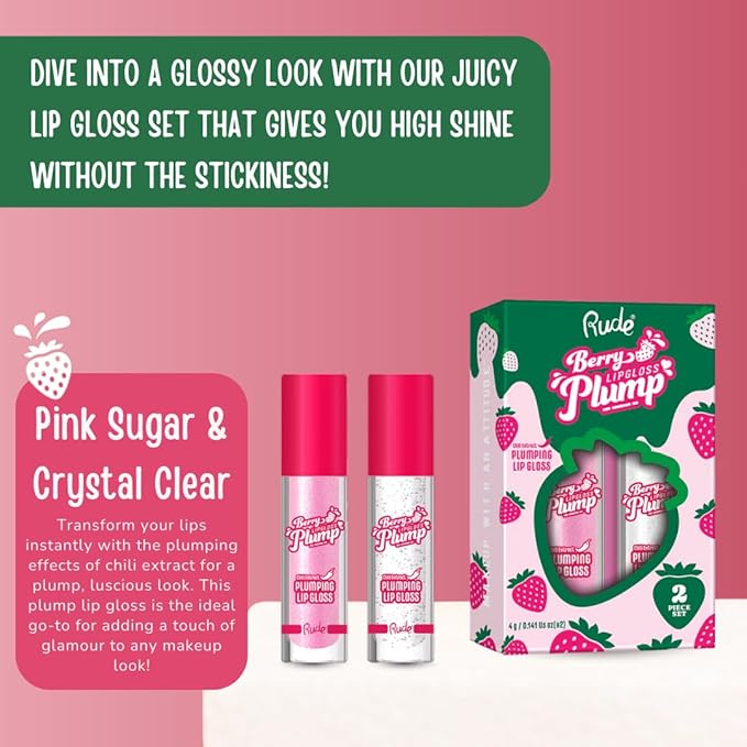 RUDE Cosmetics Berry Plump Lip Plumper Set, Plumping Lip Gloss for Women, Hydrating Cute Lipgloss Plump with Hyaluronic Acid, Shea Butter, Vitamin E & Chili Extract, Vegan, Pink Sugar & Clear