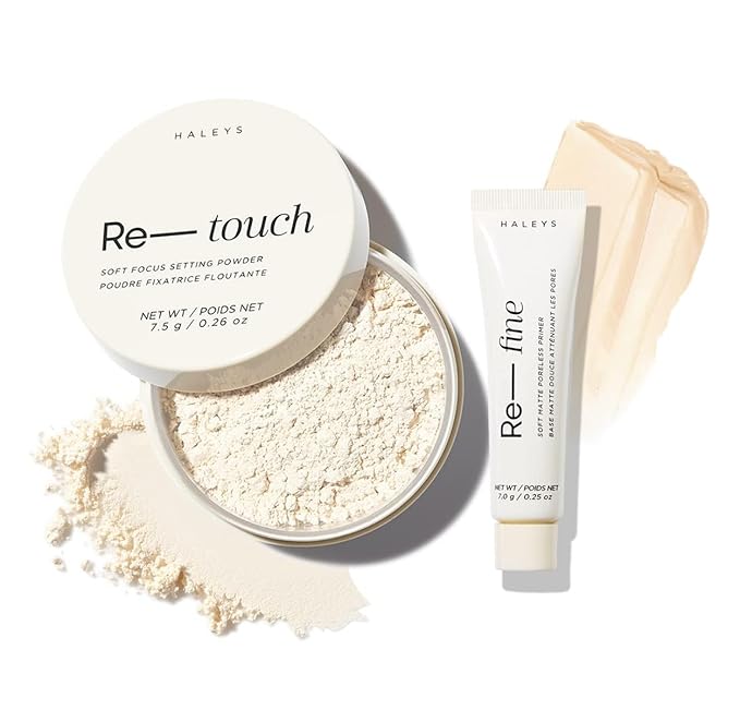 HALEYS IG Filter Duo (FAIR): Re-touch Setting Powder & Re-fine Soft Matte Poreless Primer, Skin Perfecting, Longwear, Smooths, Nourishes, Ultra-Blurring, No flashback, All Skin Types + Tones, Vegan