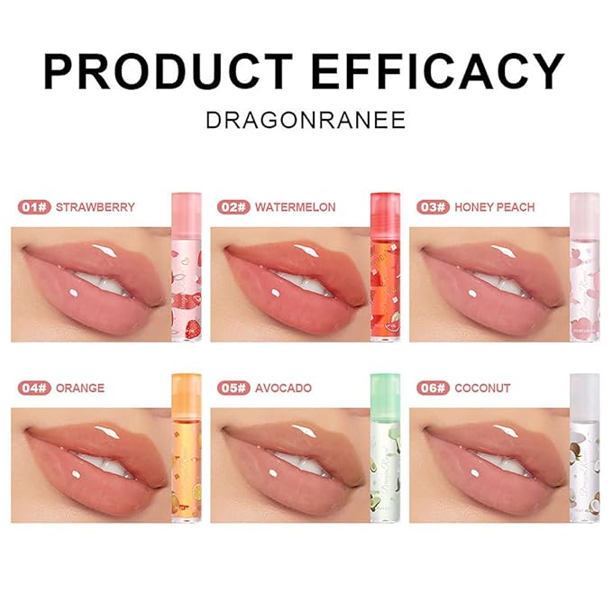 6 Pcs Fruit Roll-on Lip Gloss Set, Clear Lip Gloss Crystal Jelly Liquid Lipstick, Plumping Lip Oil Moisturizing Hydrating Non-Sticky, Nice Gift for Women Girl