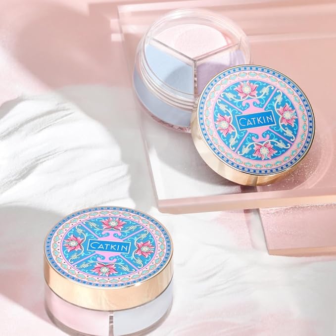 CATKIN Loose Setting Powder - Translucent Shimmer Finishing Powder, 3 Colors Even Skin Tone, Oil Control Makeup Pore Minimizing Powder with Velour Puff (0.42oz, C03 Shimmer for Dry Skin)