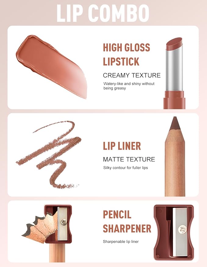 2 Pcs Lipstick and Lip Liner Set Hydrating Lip Tint Non-Sticky Lightweight Lip Balm Plumping Lip Kit for Women Matte Lip Pencil Long Lasting Gradient Glossy Lip Combo with Sharpener, 05