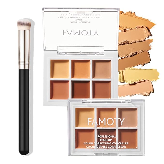A3 6 Color Correcting Concealer Palette With Concealer Brush, Cream Contouring Makeup Kit, Corrects Dark Circles, Red Marks, Scars, Light to Medium or Creamy Finish
