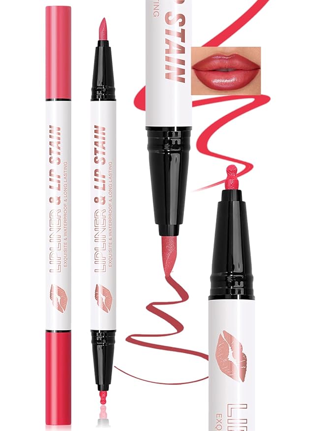 Double-headed Lip Liner Stain Long Lasting Waterproof 2 Colors Liquid Lip Liner Pencil Marker High Pigmented Smooth Application Precise Pen-Like & Chisel Tip Hydrating Lipstick for Women, 03