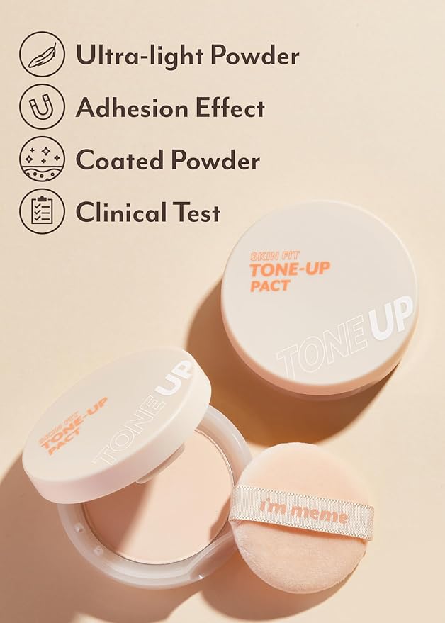 I'M MEME Compact - Skin Fit Tone Up Pact | FLawless Finish with Aqua Sebum, Soft & Velvet Pressed Powder Compact, Smooth Pores & Fine Lines, Korean Makeup, Translucent, Oily Skin, 0.35 Oz