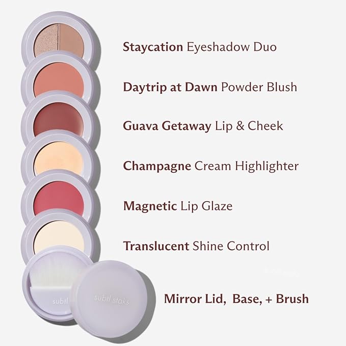 6-in-1 Stackable Travel Makeup Kit by Subtl Beauty | New Lip Glaze, Eyeshadow, Highlighter, Lip + Cheek, Blush, Shine Control | Includes Mirror & Brush | Compact Makeup for On the Go