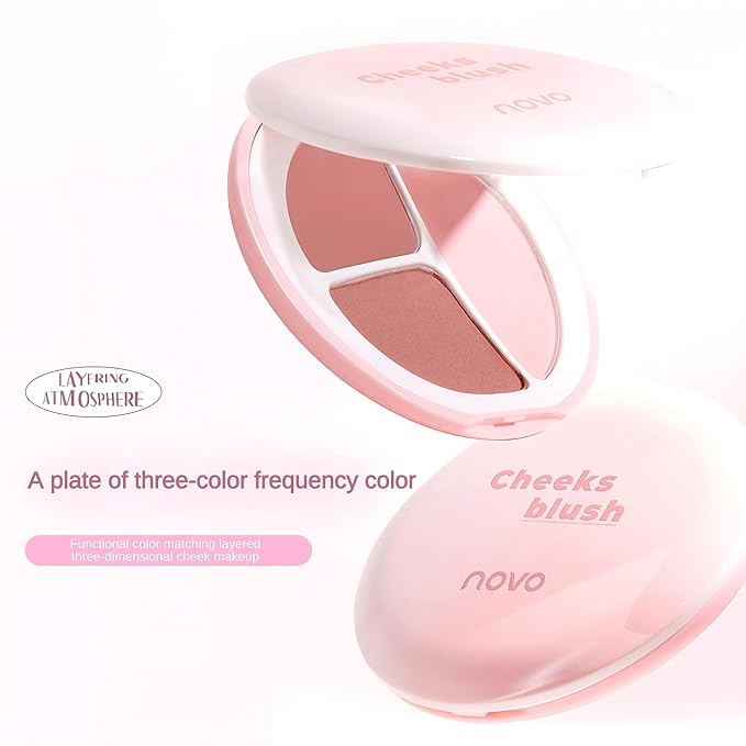 Novo 3-Color Blush Palette - Silky Smooth, Buildable Formula, Natural Radiant Glow, Long-Lasting, No Caking, Suitable for All Skin Tones (02# Warm Tea Apricot, Net Weight: 7.4g)