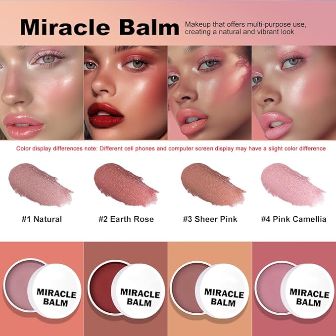 Miracle Balm, Blush for Cheeks, Lips, Eyelids, Face, Blush Balm Face Makeup, Moisturizing Facial Tint for Radiant Skin (1, Pink Camellia, Large)