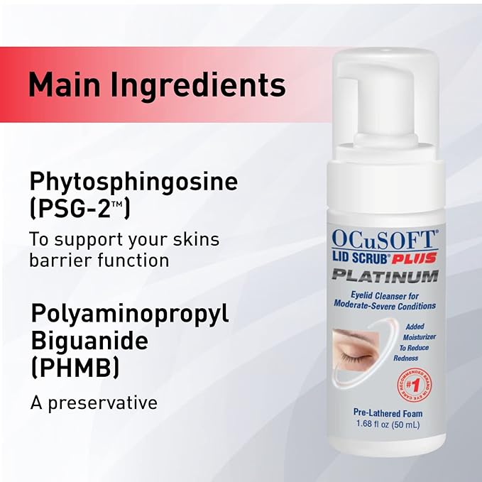 OCuSOFT Lid Scrub PLUS Platinum Extra Strength Foaming Eyelid Cleanser - Leave-On Eyelid & Eyelash Cleanser with Phytosphingosine to Remove Oil, Dirt & Makeup -1.68 fl oz