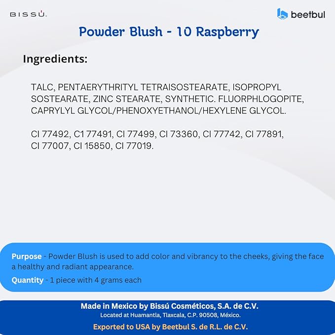 Bissú Blush 4g c/u, Intense Pigmentation, Smooth Texture, Matte and Satin Finishes (10 Raspberry)