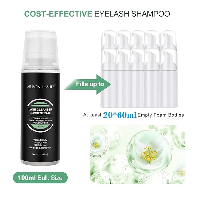 Eyelash Cleanser Concentrate 100ml Professional Lash Extensions Shampoo Natural Foaming Cleanser for Extensions Lashes with Salon Home Care-Makes 20 Bottles 60ml Eyelash Shampoo(jasmine)