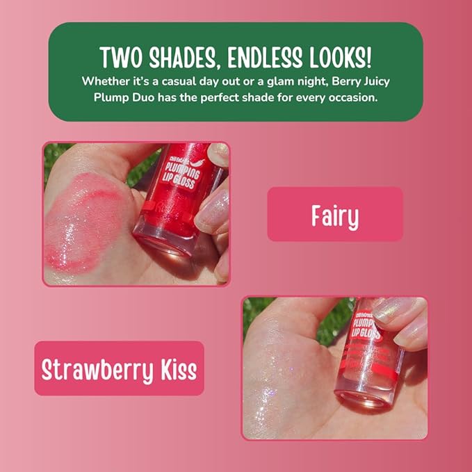 RUDE Cosmetics Berry Plump Lip Plumper Set, Plumping Lip Gloss for Women, Hydrating Cute Lipgloss Plump with Hyaluronic Acid, Shea Butter, Vitamin E & Chili Extract, Vegan, Fairy & Strawberry