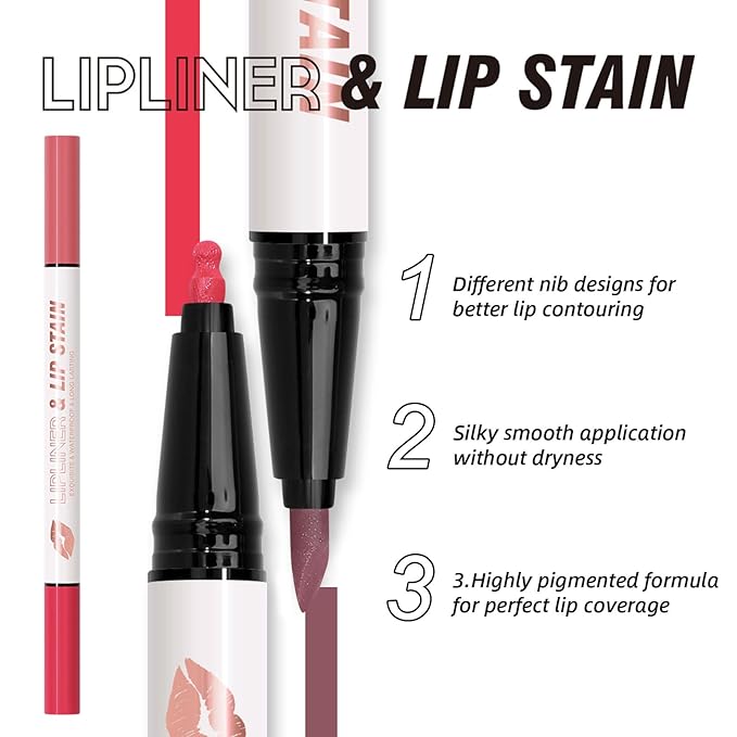 DAGEDA 2 Colors Lip Liner Pen,Double-ended Lip Stain Marker Design,Natural Matte Finish,Waterproof Liquid Lipstick, Long Lasting No Transfer Lips Makeup for Women(Color A)