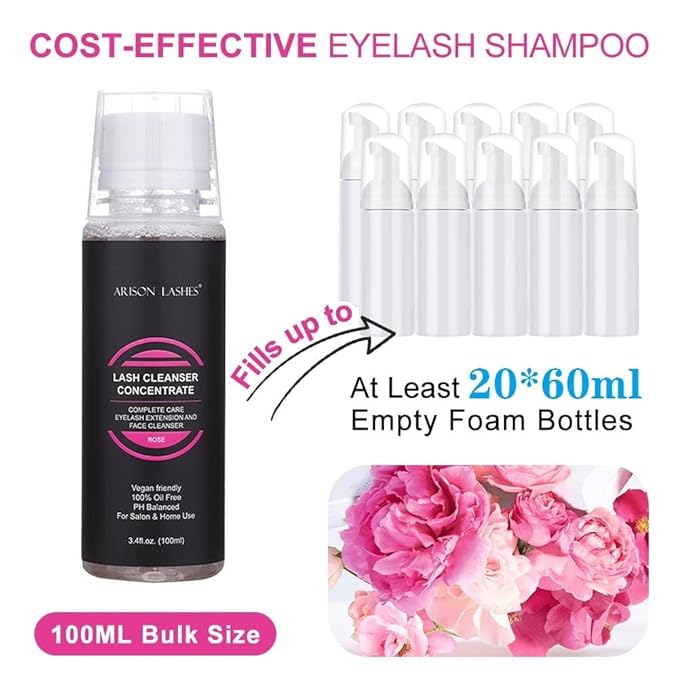 ARISON LASHES Lash Shampoo Concentrate for Lash Extensions Eyelash Cleanser Concentrate Oil-Free Eyelash Extension Shampoo with Salon Home Care(100ML Rose)