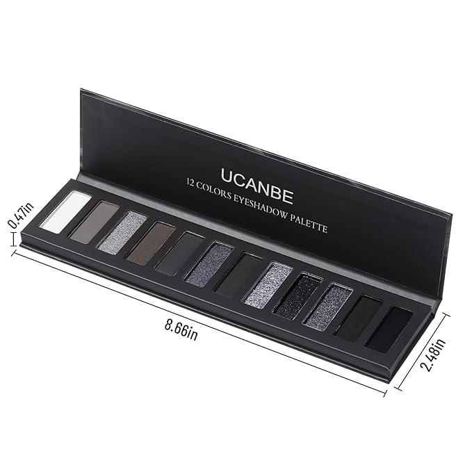 UCANBE Smokey Eyeshadow Palette, Dark Black White Gray Silver Natural Nude Matte Shimmer Eye Shadow Pallet for Smoky Emo Goth Makeup, 12 Color High Pigmented Long Lasting Waterproof Pallete with Brush