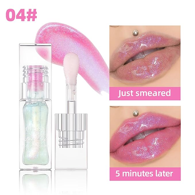 Magic Color Changing Lip Oil Ph, Glitter Lip Gloss, Upgraded Big Brush Head Moisturizing Lip Oil, Color Changing with Temperature, Moisturizing & Sparkling (# 04, 0.3 Oz)