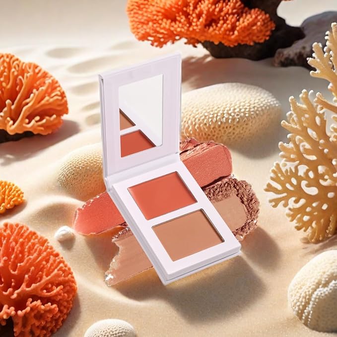 Coral Blush Cream Duo for Cheeks, Highly Pigmented Dewy Finish, Natural Looking, Peach Face Flushed Blusher with Mirror, Long Lasting Glowy Sunset Orange, Vegan Talc Free (07#)
