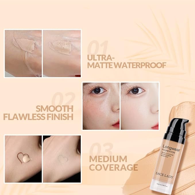 SACE LADY Smooth Primer and Flawless Foundation and Oil Control Face Powder, Long Lasting Coverage Waterproof Natural Cosmetics Kit