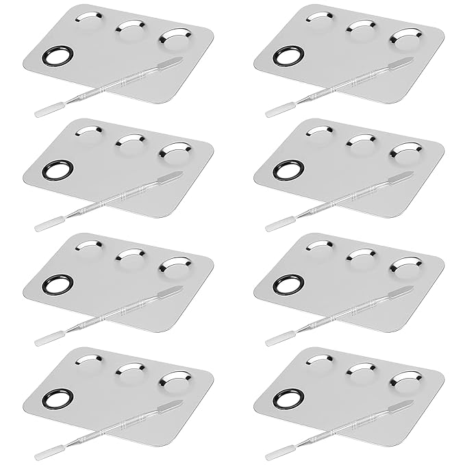 JAPCHET 8 PCS Mixing Makeup Palettes, 3-Well Makeup Palette Mixer Tray, Stainless Steel Cosmetic Palette with 8 PCS Spatula Tool, Multipurpose Makeup Applicators for Nail-Art, Cosmetic, Pigment