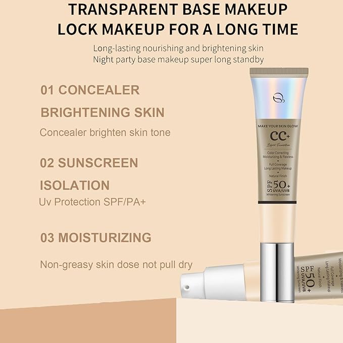 CC Cream With SPF 50 - Full Coverage Foundation, Invisible Pore, Even Skin Tone, Covering Blemishes, Hydrating, Breathable Lightweight Long Lasting Waterproof Matte (Natural)