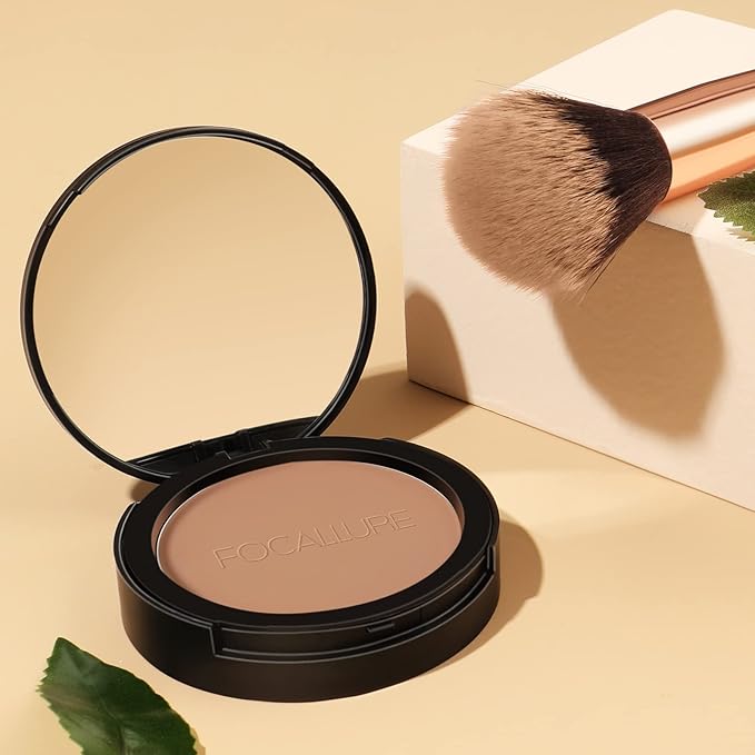 FOCALLURE Flawless Pressed Powder, Control Shine & Smooth Complexion, Pressed Setting Powder Foundation Makeup, Portable Face Powder Compact, Long-Lasting Matte Finish, Wheat