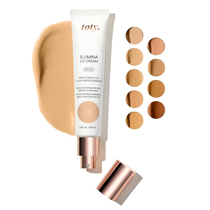 Toty by Sofia Vergara - Ilumina CC Cream 100% Mineral Color Correcting Cream + Ilumina CC Creamy Compact Mineral Broad Spectrum Sunscreen + Angled Complexion & Foundation Blending Brush - 2N