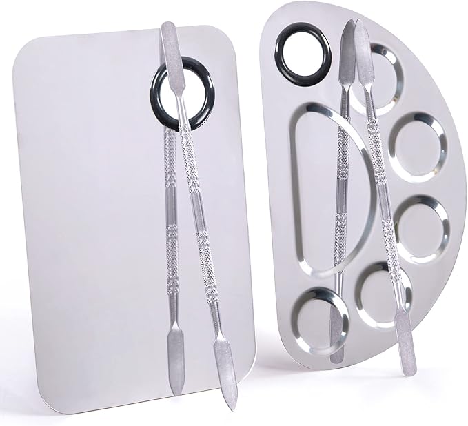 Stainless Steel Metal Makeup Palette with Spatula Artist Tool for Mixing Foundation Nail-Art, Cosmetic Makeup Palette, Makeup Plate, 6×4"/Silver/2pcs