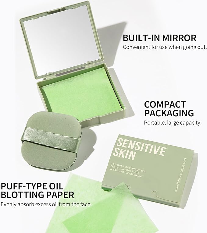 Erinde Oil Blotting Sheets for Face with Mirror and Puff, 300 Sheets Oil Blotting Paper for Oily Skin, Face Oil Absorbing Sheets, Natural Oil Control Film, Absorb Excess Oil, Makeup Friendly