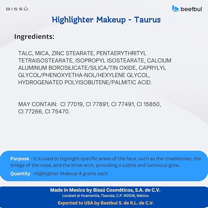 Bissú Powder Highlighter Makeup – Lightweight, Silky Formula for Radiant Skin, Easy Application, 10 Versatile Shades (02 Taurus, 4.5 Grams)