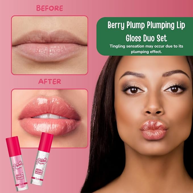 RUDE Cosmetics Berry Plump Lip Plumper Set, Plumping Lip Gloss for Women, Hydrating Cute Lipgloss Plump with Hyaluronic Acid, Shea Butter, Vitamin E & Chili Extract, Vegan, Pink Sugar & Clear