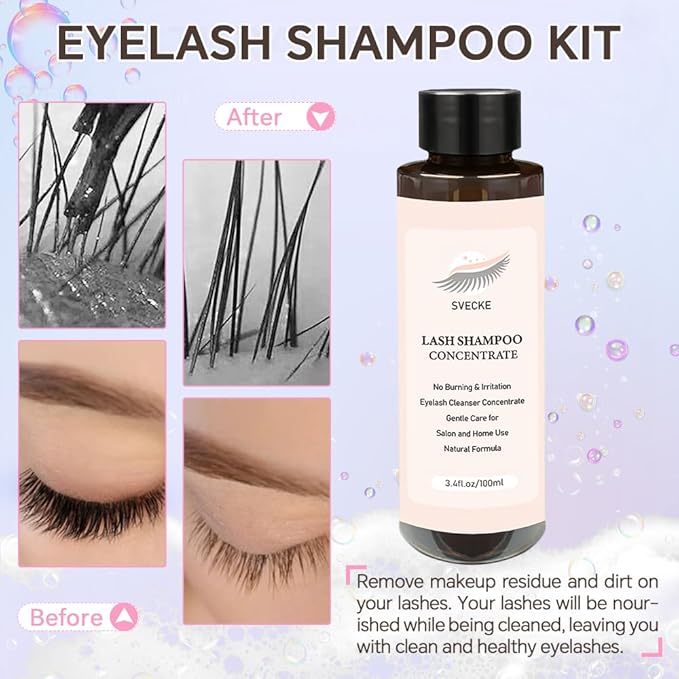 Lash Shampoo Concentrate 100ml for Lash Extension, Lash Shampoo Kit for Eyelash Cleansing, Oil-Free Eyelash Extension Cleanser Concentrate, Lash Cleaning Kit with Brush Bottle