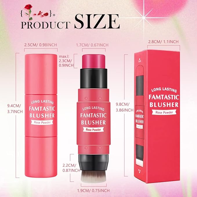 Cream Blush Stick for Cheeks - 2 in 1 Multi Makeup Blush with Brush for Cheeks Tint & Eyes & Lips, Waterproof Smooth Creme Texture, Long-lasting Wear All Day, #02 Rose Red