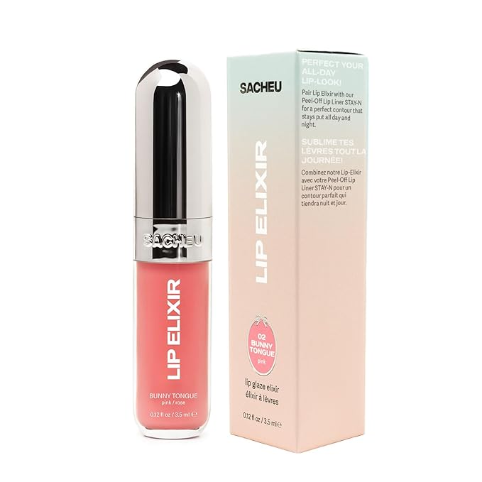 Sacheu Lip Elixir Nourishing and Hydrating Lipgloss — Moisturizing Plumping Lip Gloss Enriched with Collagen, Non-Sticky Lip Color Smooth High-Shine Finish, Vegan & Cruelty-Free, Bunny Tongue (Pink)