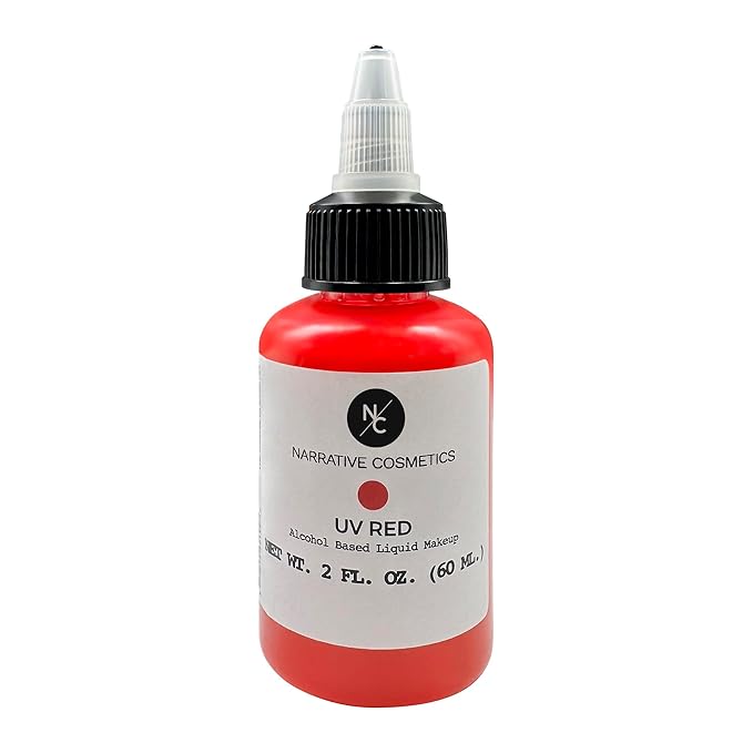 UV Fluorescent Alcohol Airbrush Paints - 2 fl oz, Glow Effect, Waterproof, Sweatproof, Highly Pigmented Liquid Makeup for Bodypainting, Film, TV, Festivals - UV Red