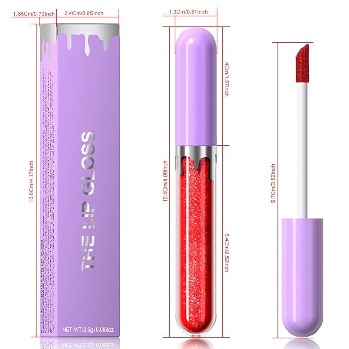 Glitter Liquid Lip Gloss,Red Shimmer Lipstick, Waterproof Shimmer Lip Stain Lip Glaze, High Shine Long Lasting Shiny Lip Color Makeup 10#