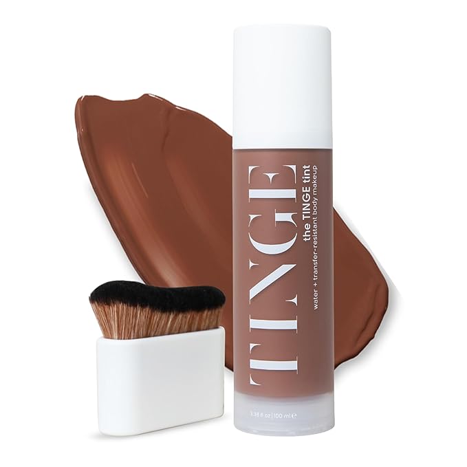 Tinge Body Makeup & Brush Bundle, 48-Hour Medium Coverage Tint with Hyaluronic Acid, Semi-Matte, Water & Transfer Resistant, Vegan, Kabuki Brush for Streak-Free Blending, Deep Cool, 3.38 Fl Oz