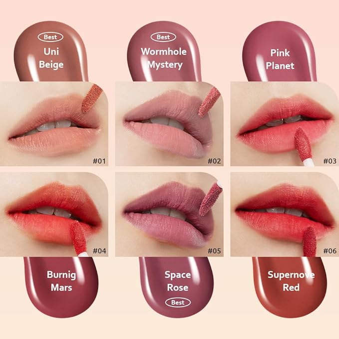 Moonshot Conscious Fit Mellow Lip Tint 01 Uni Beige+ 04 Burning Mars + 06 Supernova Red,k-beauty,