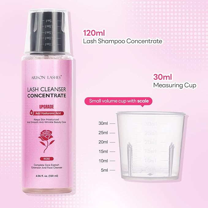 ARISON LASHES Upgraded Lash Shampoo Concentrate 120ml Large Capacity Eyelash Cleanser Professional Lash Extensions Shampoo-Make 24 Bottles 60ml (Rose)