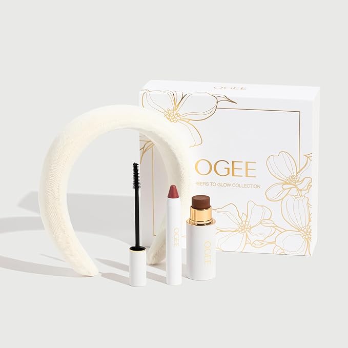 Ogee Cheers to Glow Limited-Edition Set - Sculpted Face Stick in Copper, Tinted Sculpted Lip Oil in Rosalia, and Beyond Clean Volumizing Mascara