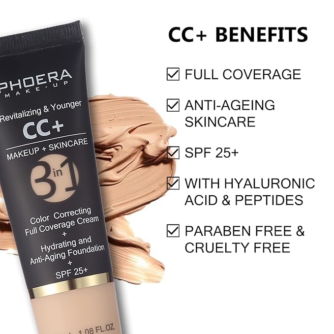 PHOERA CC+ Cream,Full Coverage Foundation,Color Correcting Cream,Anti Aging Hydrating Serum & SPF 25+ Sunscreen - Natural Finish - 1.08 fl oz (200 Mocha)