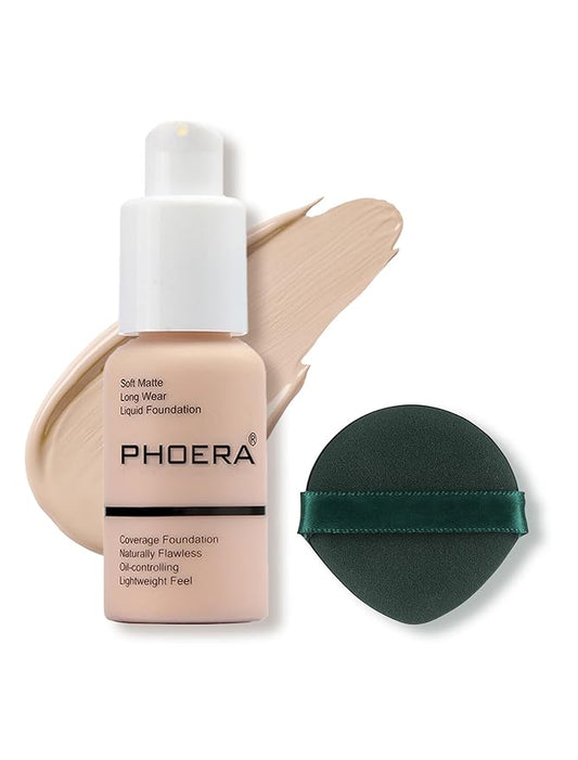PHOERA Foundation Makeup, Flawless Soft Matte Oil Control Liquid Foundation, Full Coverage Mattle Oil-Control Concealer for Older Women, Great Choice For Gift (#101 Porcelain)
