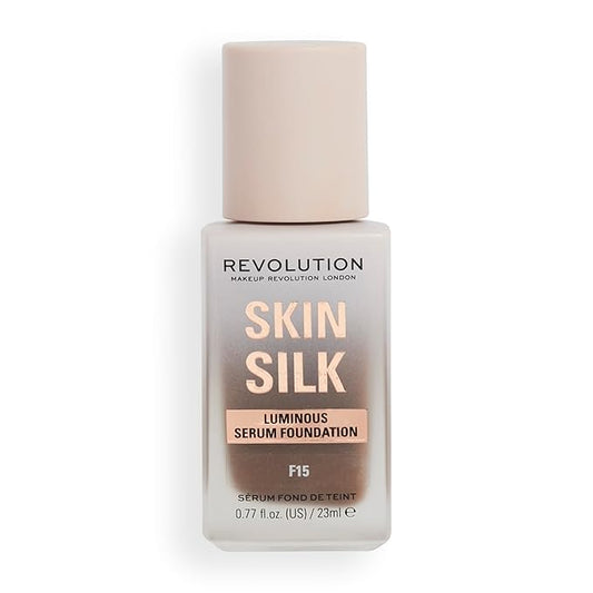 Revolution, Skin Silk Serum Foundation, Light to Medium Coverage, Lightweight & Radiant Finish, Contains Hyaluronic Acid, F15 Deep Skin Tones, 0.77 fl oz