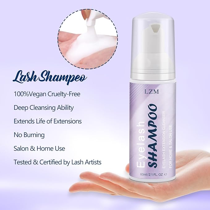 LZM Lash Shampoo Kit with Rechargeable Lash Fan Dryer, Eyelash Extension Cleanser Foam Cleaning Kit for Wash Eyelash Extensions, with Bottle & Brush Oil Free (60ml 2.02 fl oz)