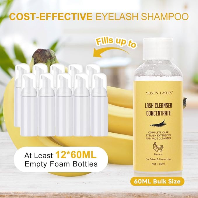 Eyelash Cleanser Concentrate 60ml Professional Lash Extensions Shampoo Natural Foaming Cleanser for Extensions Lashes with Salon Home Care-Makes 12 Bottles 60ml Eyelash Shampoo (bananas)