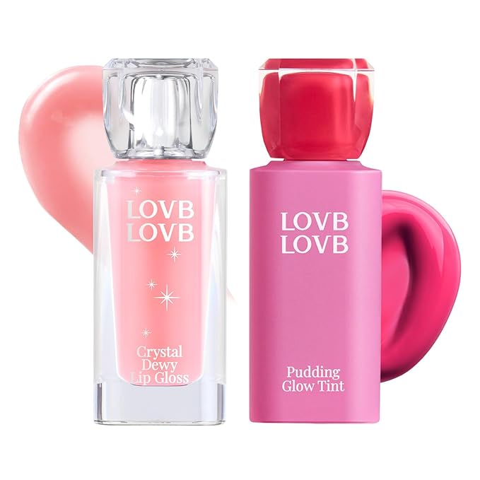 Pudding Glow Korean Lip Tint (03 CANDY BERRY) + Crystal Dewy Lip Gloss (01 PINK DOLPHIN) | K-Beauty Lip Duo | Long-Lasting & Glossy | Everyday Lip Combo | Lip Glow Set