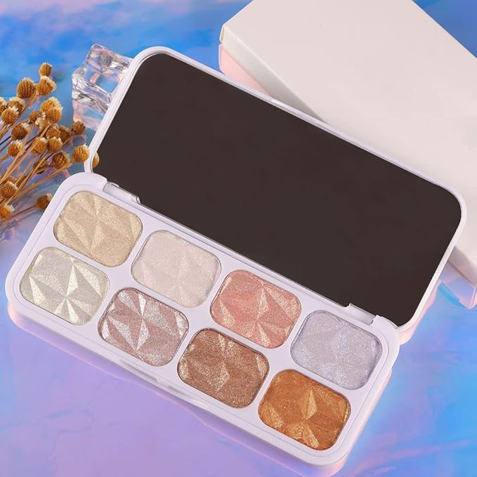 8 Colors Face Body Cheek Diamond Shimmer Highlighter Palette - Gold Shimmer Blush Bronzer and Makeup Powder C01