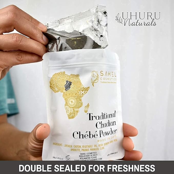 Uhuru Naturals Sahel Cosmetics Chebe Powder - Contains All-Natural Ingredients Promotes Strong and Healthy Hair Growth Helps Prevent Breakage Formulated for Dry Kinky Hair
