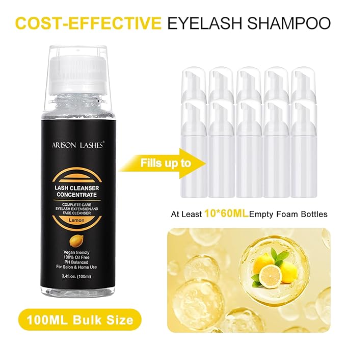 ARISON LASHES Eyelash Cleanser Concentrate 100ml Lash Extensions Shampoo Natural Foaming Cleanser DIY Non-lrritating 20 Bottles 60ml lash Shampoo(Lemon)
