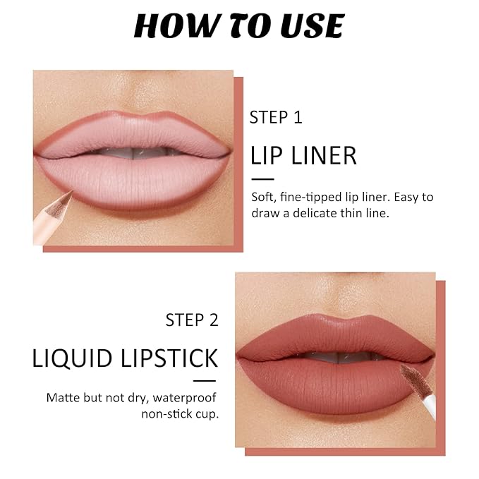 Boobeen Liquid Matte Lipstick and Lip Line Pencil Set, Nude Red Lip Makeup Longwear Waterproof Lipliner Pens & Velvet Lip Stain Lip Gloss Smooth Matte Lip Color Make Up Gift Set
